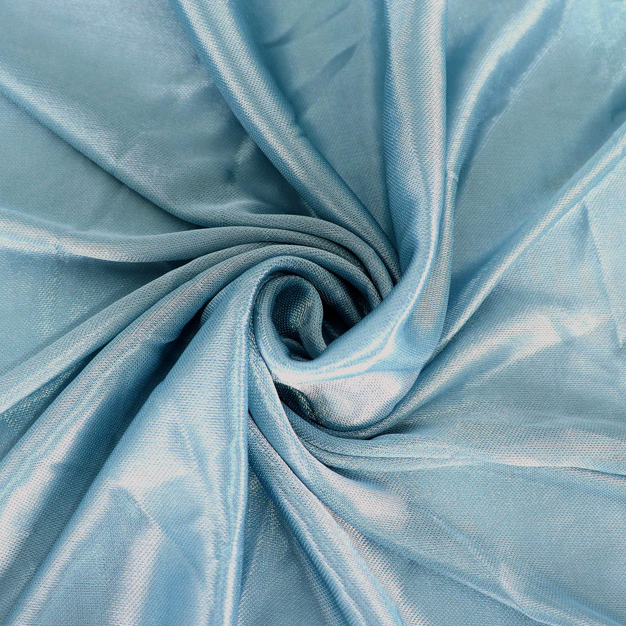 14ft Dusty Blue Pleated Satin Double Drape Table Skirt#whtbkgd