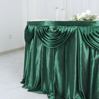 Enhance Your Event Decor with the 14ft Hunter Emerald Green Pleated Satin Double Drape Table Skirt