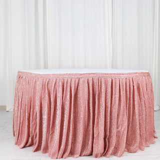 Elevate Your Event with the Rose Gold Metallic Shimmer Tinsel Spandex Pleated Table Skirt