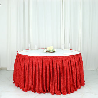 Add a Pop of Elegance with the 17ft Red Metallic Shimmer Tinsel Spandex Pleated Table Skirt with Top Velcro Strip