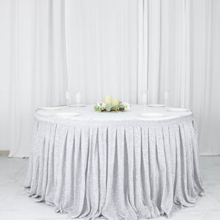 Add a Touch of Elegance with the 17ft Silver Metallic Shimmer Tinsel Spandex Pleated Table Skirt