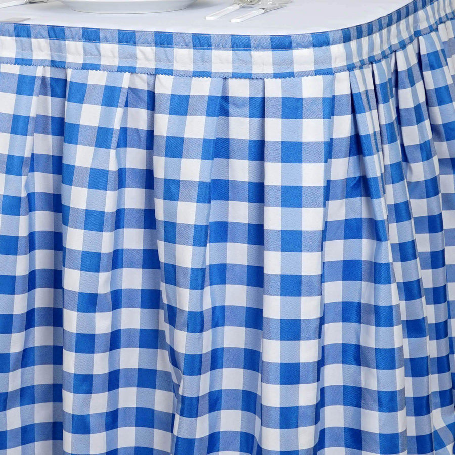 Checkered Table Skirt | 14FT | White/Blue | Buffalo Plaid Gingham Polyester Table Skirts#whtbkgd