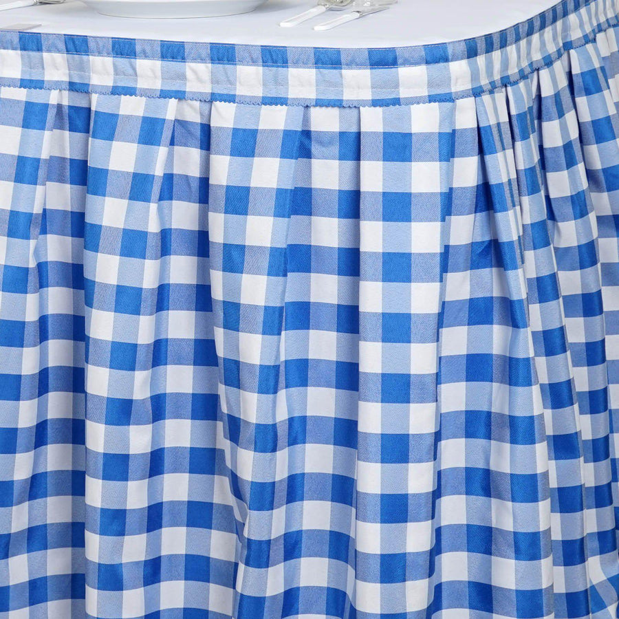Checkered Table Skirt | 21FT | White/Blue | Buffalo Plaid Gingham Polyester Table Skirts#whtbkgd