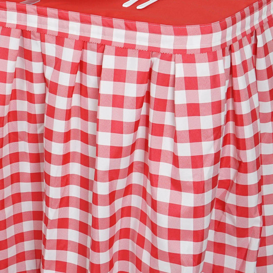 Checkered Table Skirt | 14FT | White/Red | Buffalo Plaid Gingham Polyester Table Skirts#whtbkgd