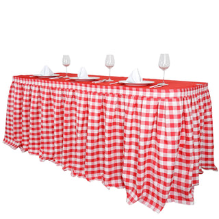 Elevate Your Event with the 14ft White/Red Buffalo Plaid Gingham Table Skirt
