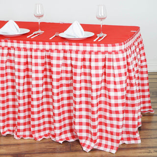 Add a Touch of Elegance with the 17ft White/Red Buffalo Plaid Gingham Table Skirt