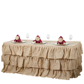 Enhance Your Event Decor with the 14ft Natural 3 Tier Ruffled Burlap Table Skirt