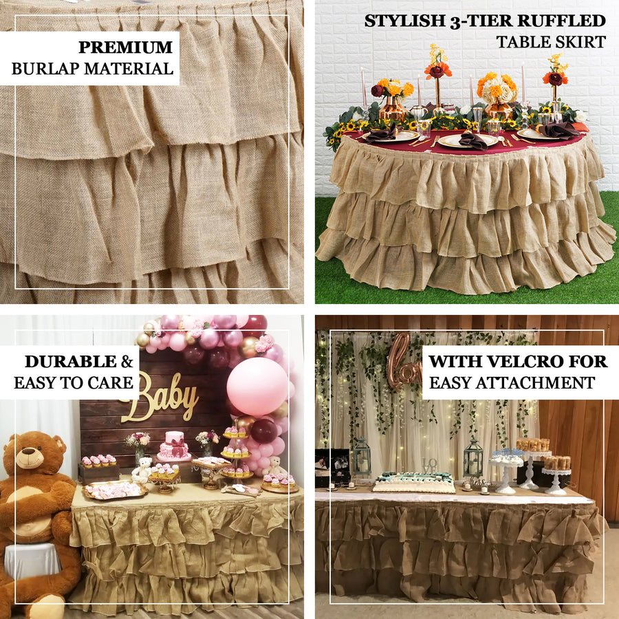 17ft Natural 3 Tier Rustic Ruffled Burlap Table Skirt