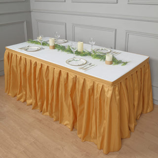Add Elegance to Your Event with the 14ft Gold Pleated Polyester Table Skirt