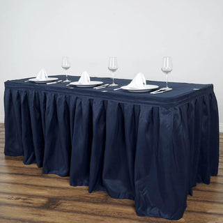 Add Elegance to Your Event with the 14ft Navy Blue Pleated Polyester Table Skirt