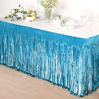 Add a Touch of Glamour with the Blue Metallic Foil Fringe Table Skirt