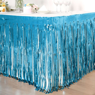 Create a Stunning Display with the Blue Metallic Foil Fringe Table Skirt