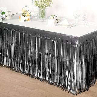 Add a Touch of Elegance with the Matte Charcoal Gray Metallic Foil Fringe Table Skirt