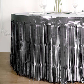 Enhance Your Tables with the Matte Charcoal Gray Metallic Foil Fringe Table Skirt