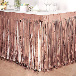 Enhance Your Event Decor with the Rose Gold Metallic Foil Fringe Table Skirt