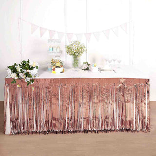 Add a Touch of Elegance with the Rose Gold Metallic Foil Fringe Table Skirt