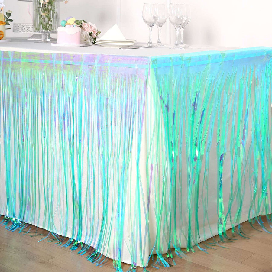 30inch x 9FT Metallic Foil Fringe Table Skirt, Self Adhesive Party Table Skirt - Iridescent Blue