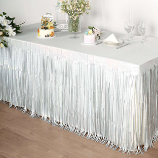 Add a Touch of Elegance with the Iridescent Lavender Lilac Metallic Foil Fringe Table Skirt