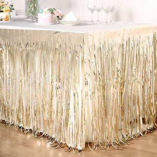 Enhance Your Event with the Champagne Metallic Foil Fringe Table Skirt