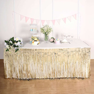 Add a Touch of Elegance with the Champagne Metallic Foil Fringe Table Skirt