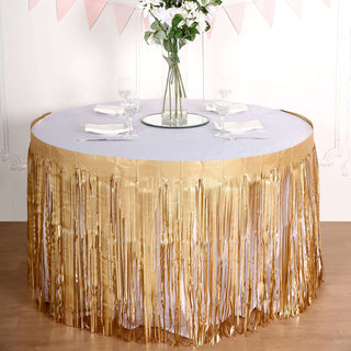Add a Touch of Glamour with the Matte Gold Metallic Foil Fringe Table Skirt