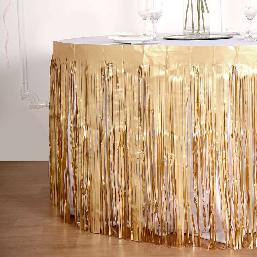 30inch x 9FT Metallic Foil Fringe Table Skirt, Self Adhesive Party Table Skirt - Matte Gold