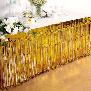 Add a Touch of Glamour with the Gold Metallic Foil Fringe Table Skirt