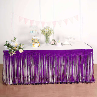 Add a Pop of Glamour with our Purple Metallic Foil Fringe Table Skirt