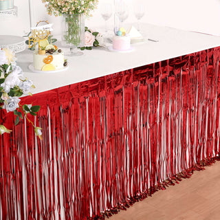 Enhance Your Event Decor with the Red Metallic Foil Fringe Table Skirt