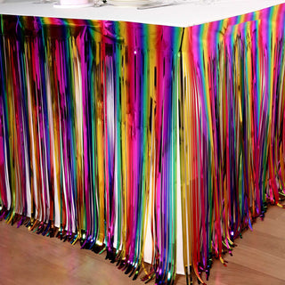 Elevate Your Event with the 29"x 9ft Rainbow Metallic Tinsel Foil Fringe Table Skirt
