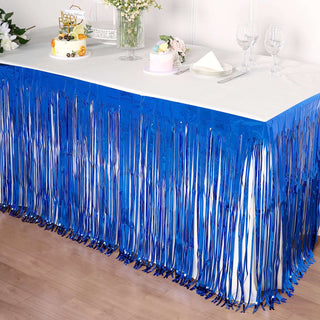 Add a Touch of Elegance with the Royal Blue Metallic Foil Fringe Table Skirt