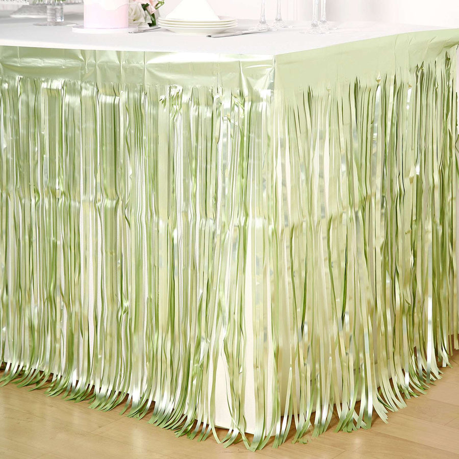 Metallic Foil Fringe Table Skirt, Self Adhesive Party Table Skirt - Matte Sage Green