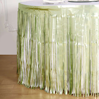 Enhance Your Event Decor with the Matte Sage Green Metallic Foil Fringe Table Skirt