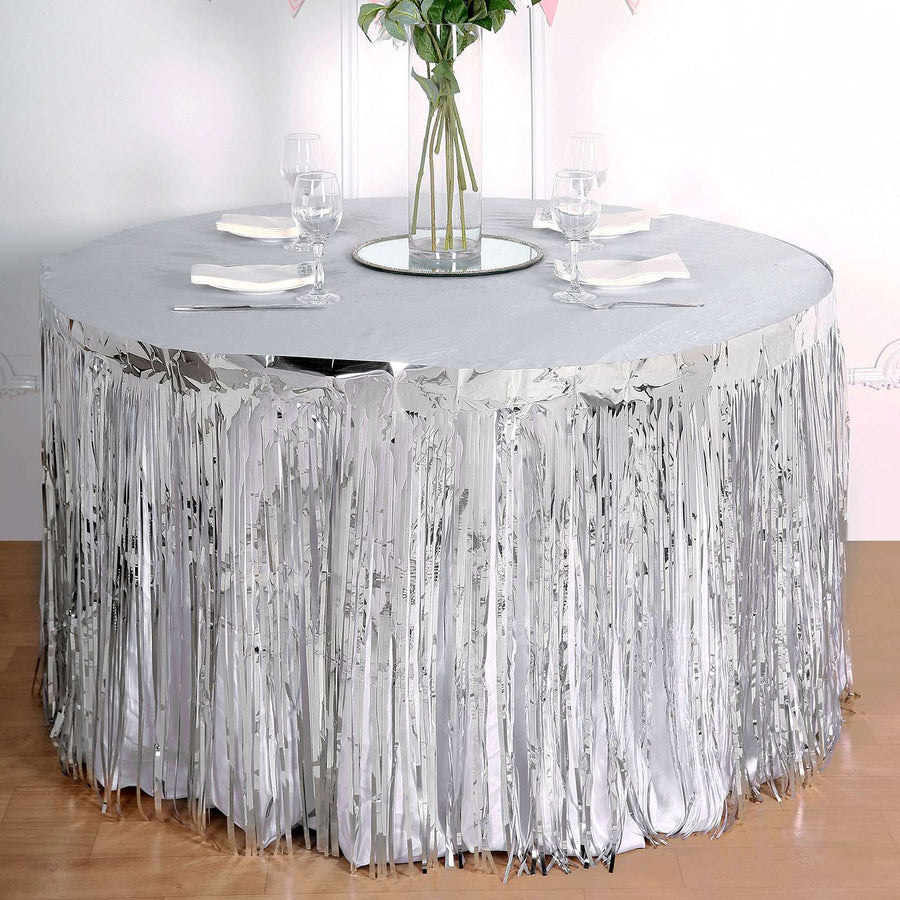 Metallic Foil Fringe Table Skirt, Self Adhesive Party Table Skirt - Silver