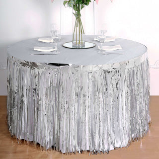 Enhance Your Event Decor with the Silver Metallic Foil Fringe Table Skirt