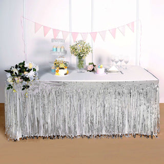 Add a Touch of Elegance with the Silver Metallic Foil Fringe Table Skirt