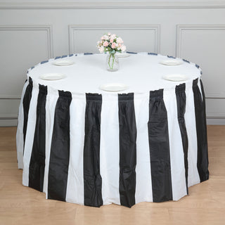Elegant and Versatile: 14ft White / Black Stripe Plastic Table Skirt