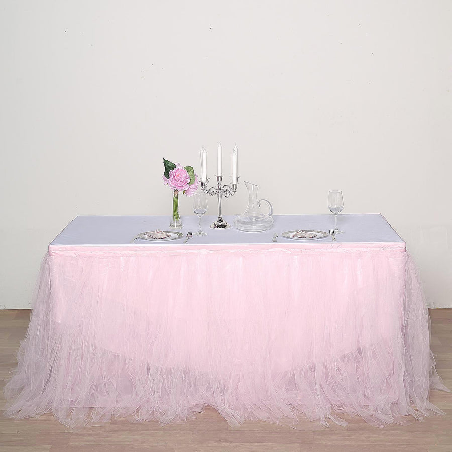 21 FT Blush / Rose Gold 4 Layer Tulle Tutu Pleated Table Skirts