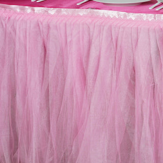 Add a Touch of Elegance to Your Event with the 17ft Pink Two Layered Pleated Tulle Tutu Table Skirt With Satin Edge