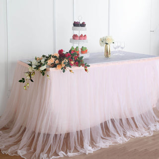 Enhance Your Event Decor with the Blush White Extra Long 48" Two Layered Tulle and Satin Table Skirt