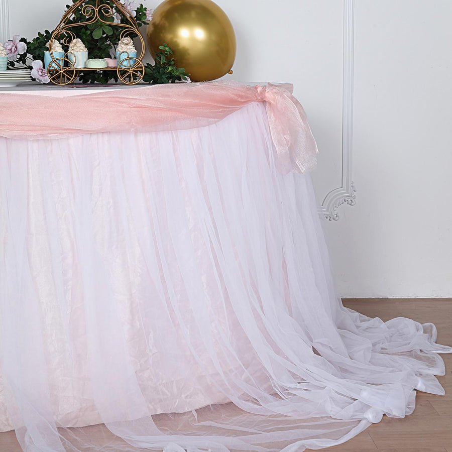 14FT Extra Long 48 inch Two Layered Tulle & Satin Table Skirt - Blush/Rose Gold | White