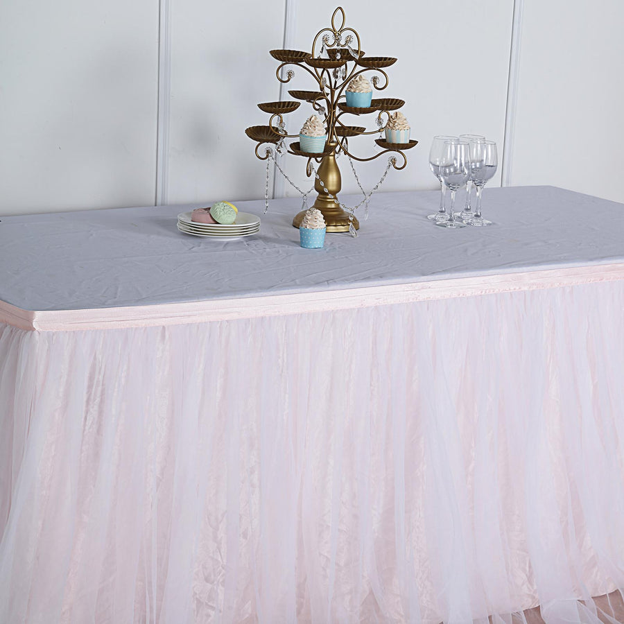 17FT Extra Long 48 inch Two Layered Tulle & Satin Table Skirt - Blush/Rose Gold | White