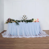 21FT Extra Long 48 inch Two Layered Tulle & Satin Table Skirt - Dusty Blue | White
