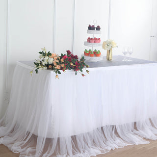 Enhance Your Event Decor with the 17ft White Extra Long 48" Two Layered Tulle and Satin Table Skirt
