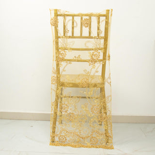 Add a Touch of Elegance with the Gold Organza Floral Sequin Embroidered Chiavari Chair Back Slipcover