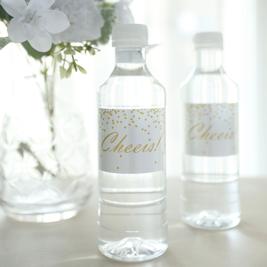 24 Pack | White & Gold Cheers Wedding Party Water Bottle Labels, Waterproof Label Stickers