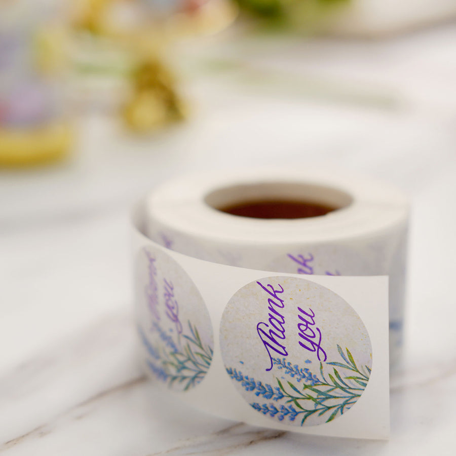 Floral Round Thank You Stickers Roll, White/Purple Tinted Background, Envelope Seal Labels