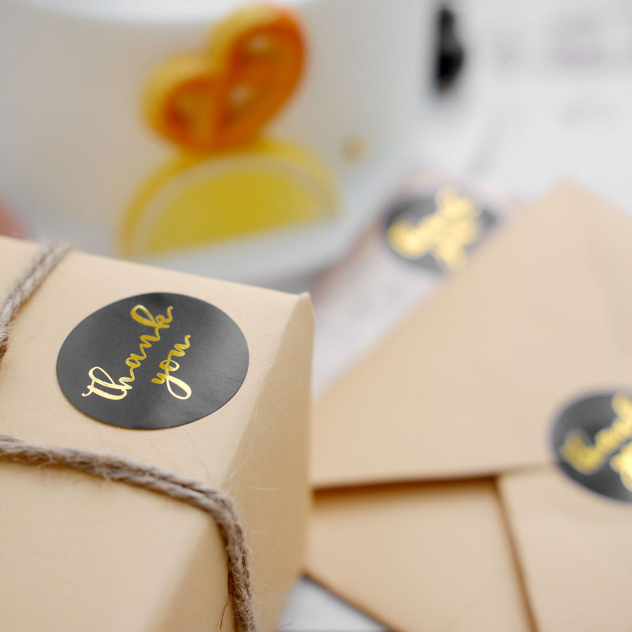 500pcs|1.5inch Round Thank You Stickers Roll With Gold Foil Text On Black, DIY Envelope Seal Labels