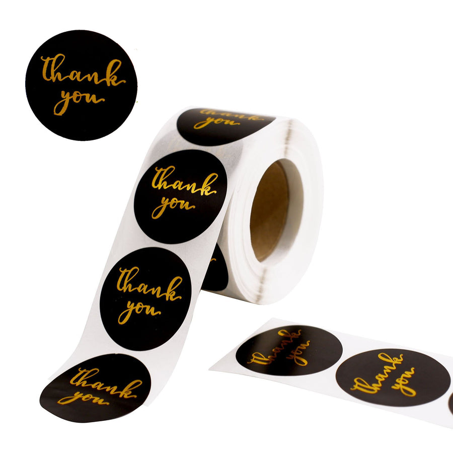 500pcs|1.5inch Round Thank You Stickers Roll With Gold Foil Text On Black, DIY Envelope Seal Labels#whtbkgd