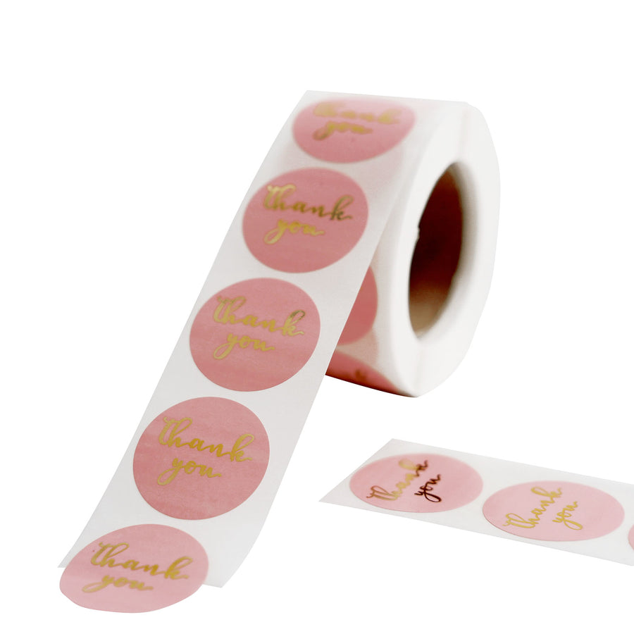 Round Thank You Stickers Roll with Gold Foil Text, Envelope Seal Labels - Rose Gold | Blush